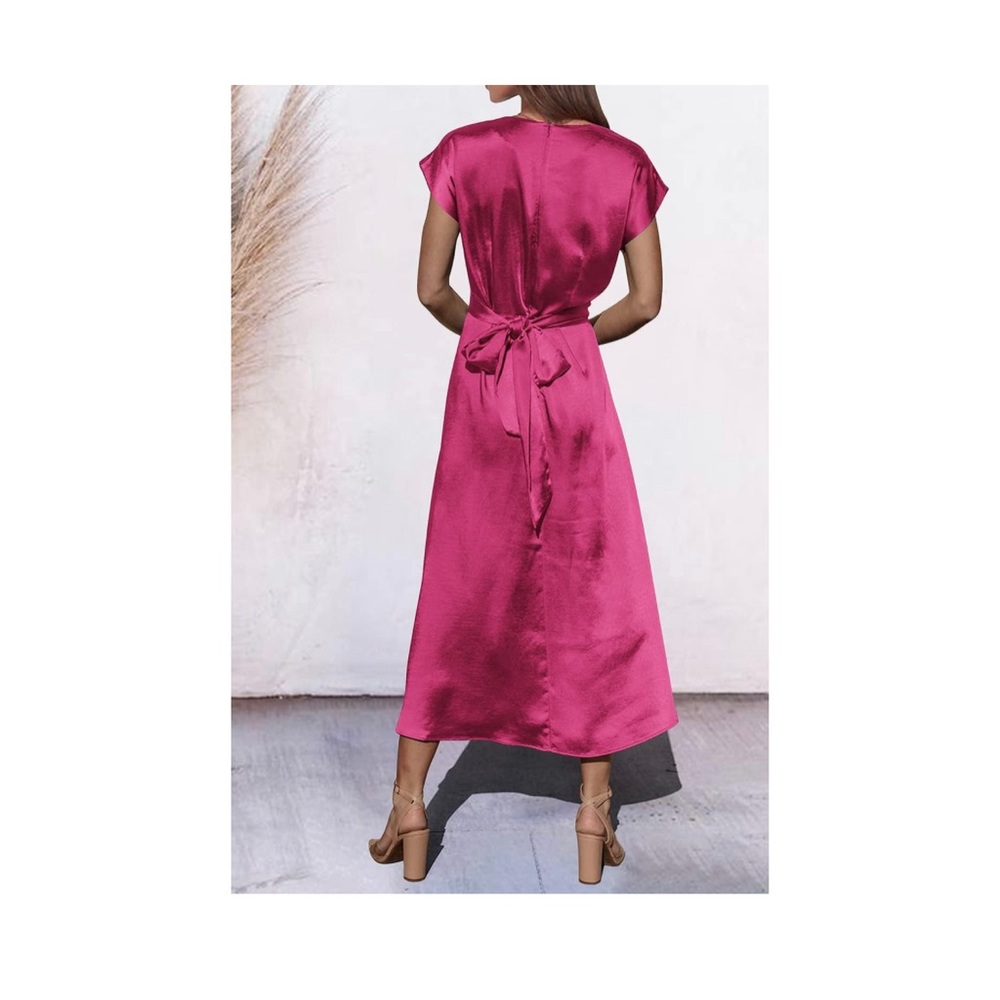 PrettyGarden Women's  Satin Midi Dress Cap Sleeve Tie Waist Elegant A-Line Flowy - Picture 2 of 11